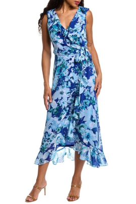 London Times Sleeveless Floral Flutter Midi Dress