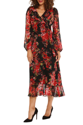 Maggy London Long Sleeve Floral Faux-Wrap Dress