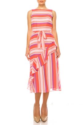 Maison Tara Striped Belted Sleeveless Midi Dress