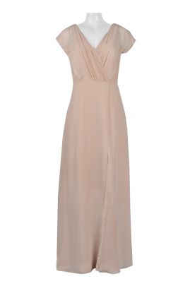 Monique Lhuillier Ruched V-Neck Long Evening Dress