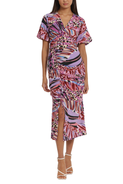 Donna Morgan Short Puff Sleeve V-Neck Ruched Dress