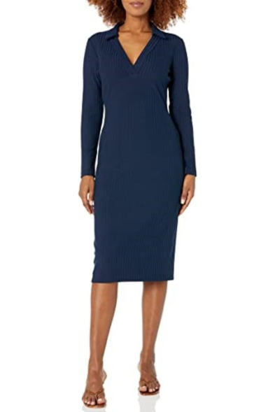 London Times V-Neck Collared Long Sleeve Midi Dress
