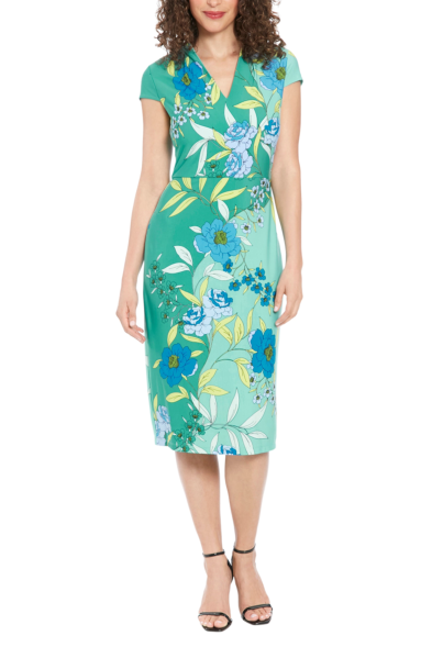 London Times Cap Sleeve Floral V-Neck Midi Dress