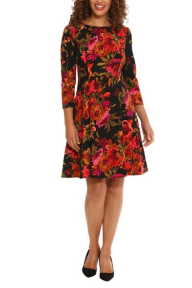 London Times Floral 3/4 Sleeve Fit and Flare Dress