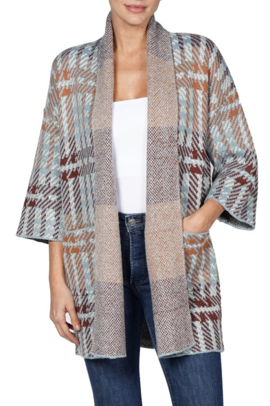 Love Token 3/4 Sleeve Open-Front Plaid Cardigan