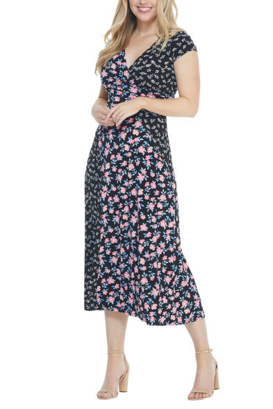 Maggy London Black Coral Multi Floral Print Midi Dress