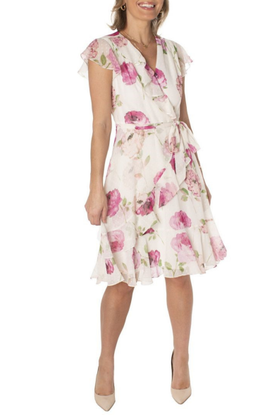 Maison Tara Ivory Pink Floral Ruffle Cap Sleeve Wrap Style A-Line Dress