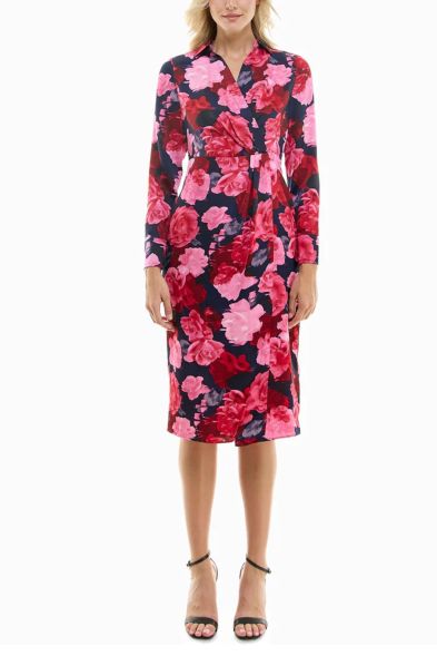 Nicole Miller Floral Long Sleeve Faux-Wrap Dress