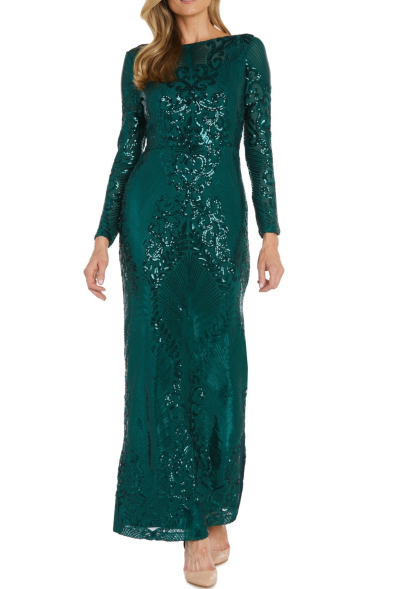 Nightway Sequined Long Sleeve Evening Gown
