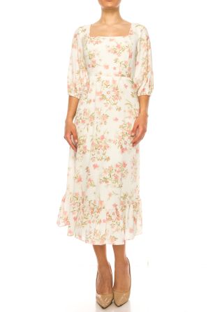 52seven Three Quarter Sleeve Floral Midi Dress