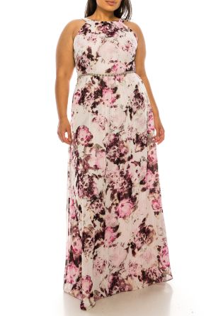 SLNY Pink Multi Floral Print Metallic Halter Long Dress