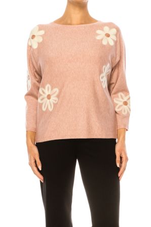 Aaeda Long Sleeve Flower Motif Pullover Sweater