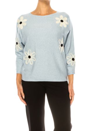 Aaeda Long Sleeve Flower Motif Pullover Sweater