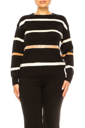 Aaeda Long Sleeve Sequined Striped Sweater