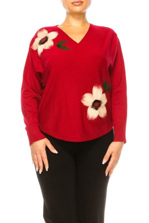 Aaeda Long Sleeve V-Neck Floral Pullover Sweater