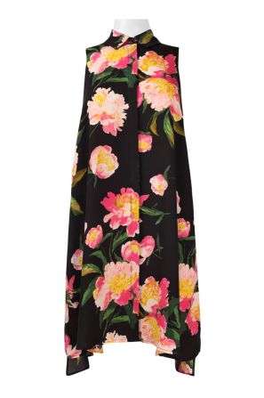 Adrianna Papell Collared Sleeveless Pleated Floral Shift Polyester Dress