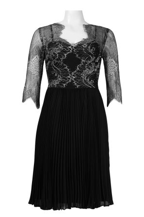 Adrianna Papell Day Elbow Sleeve Scalloped Lace Overlay Accordion Pleat Chiffon Dress