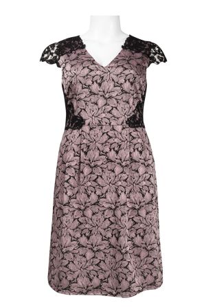 Adrianna Papell Day Cap Sleeve Lace Inset Floral Fit and Flare Jacquard Dress