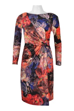 Adrianna Papell Boat Neck Long Sleeve Gathered Size Zipper Back Multi Print Jersey Stealth Dress