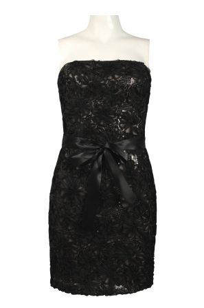 Adrianna Papell Strapless Rosette Embellishment Sequined Mesh Dress with Satin Belt
