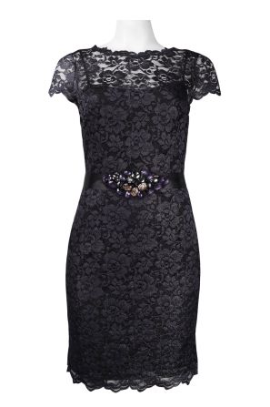 Adrianna Papell Short Sleeve Boat Neck Floral Mettalic Lace Dress with Bow Tie Belt
