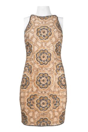 Adrianna Papell Cutaway Shoulder Bead and Sequin Floral Pattern Short Mesh Dress