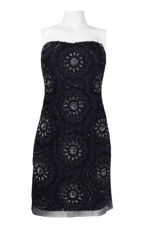 Adrianna Papell Strapless Bead and Sequin Floral Pattern Short Mesh Dress