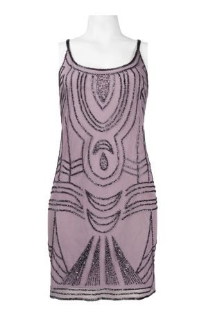 Adrianna Papell Scoop Neckline Beaded Pattern Mesh Overlay Thigh Length Dress