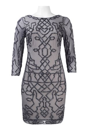 Adrianna Papell 3/4 Sleeve Beaded Abstract Pattern Mesh Sheath Dress