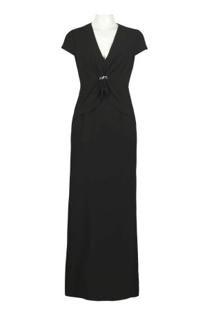 Adrianna Papell Short Sleeve Gathered Front Sequin Detail Pleated Back Crepe Dress