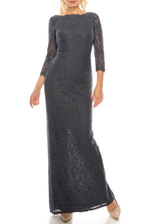 Adrianna Papell Gunmetal Lace Long Column Evening Dress