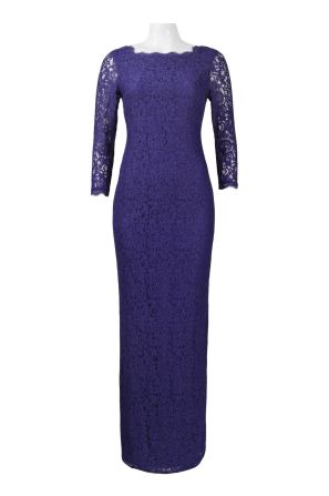 Adrianna Papell Gunmetal Lace Long Column Evening Dress