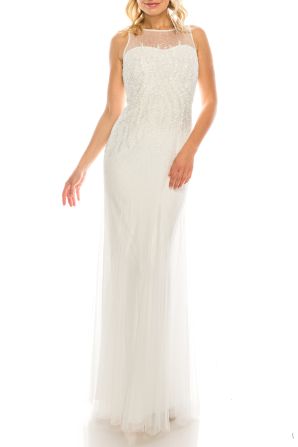 Adrianna Papell Ivory Illusion Sheath Gown with Heavily Beaded Bodice