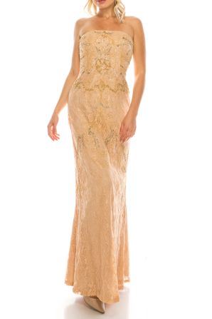 Adrianna Papell Strapless Bead and Sequin Embellishment Long Floral Lace Dress