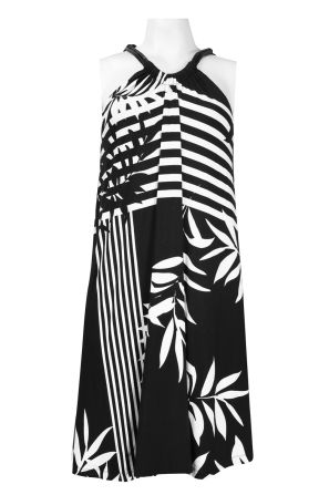 Adrianna Papell Metal Strap Cutaway Shoulder Contrast Print Viscose Dress