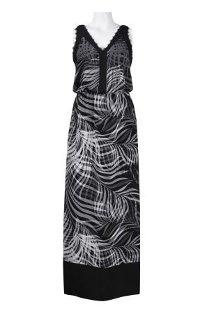 Adrianna Papell V-Neck Lace Trim Leaf Print Chiffon Blouson Maxi Dress