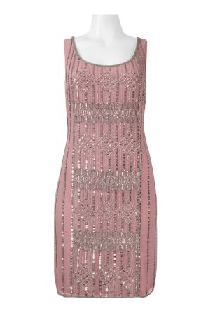 Adrianna Papell Boat Neck Sleeveless Scoop Back Embellished Sequin & Bead Chiffon Dress