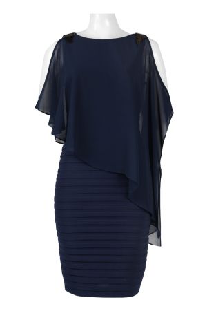 Adrianna Papell Boat Neck Cutout Shoulder Bodycon Pleated Asymmetrical Cape Jersey Chiffon Dress