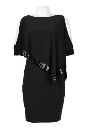 Adrianna Papell Boat Neck Cutout Sleeve Embellished Asymmetrical Jersey Dress