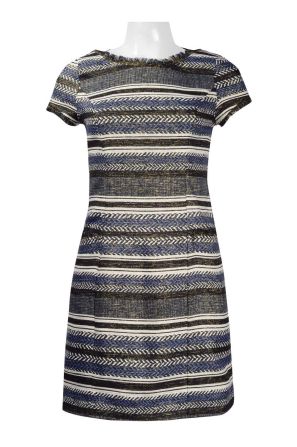 Adrianna Papell Short Sleeve Cutout Back Stripe Pattern Herringbone Dress