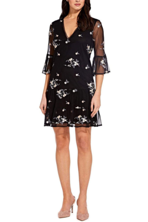 Adrianna Papell Black Mesh Embroidered Floral Dress with Ruffle Sleeves and Bottom