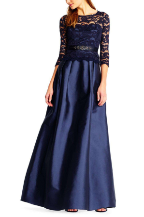 Adrianna Papell 3/4 Sleeve Lace Top Evening Gown