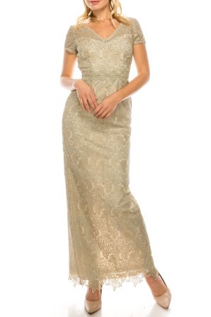 Adrianna Papell Gold Lace Long Column Evening Dress