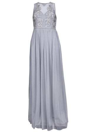 Adrianna Papell Sleeveless Mesh Neckline Embroidered Bodice A-Line Tulle Dress