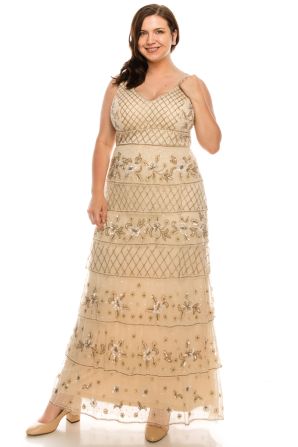 Adrianna Papell Pale Nude Beaded Tiered Sleeveless Gown