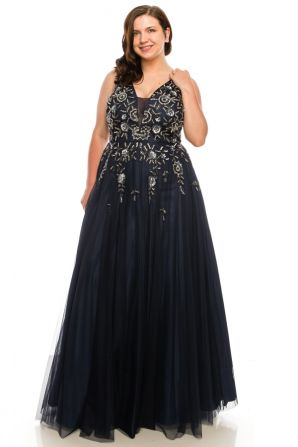 Adrianna Papell Navy Beaded Plunge A-Line Gown with Open Back