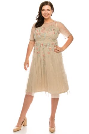 Adrianna Papell Biscotti Beaded Floral Embroidered Mesh Short Sleeve Midi Dress
