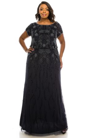 Adrianna Papell Navy Beaded Mesh Evening Gown (PLUS SIZE)