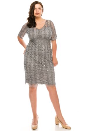 Adrianna Papell Silver Grey Sequined Beaded Elbow Sleeved Cocktail Dress