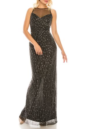Adrianna Papell Black Silver Beaded Sleeveless Evening Gown